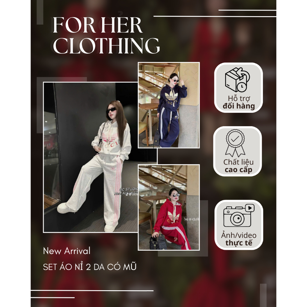 Set nỉ 2 da có mũ FOR HER CLOTHING Freesize dưới 55kg