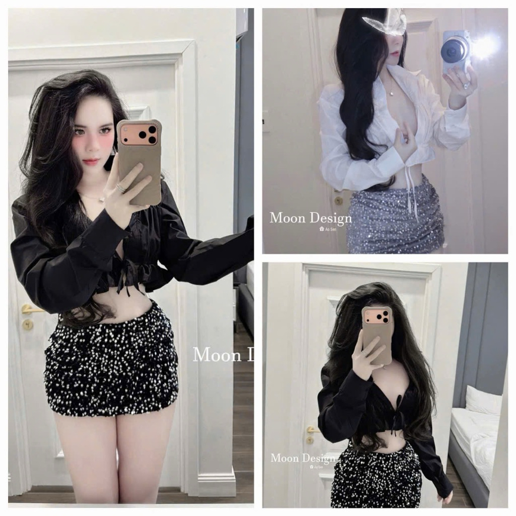 Sét Nổi Bật Áo Sơ Mi Croptop Tay Dài Mixx Váy Ngắn Bling Bling
