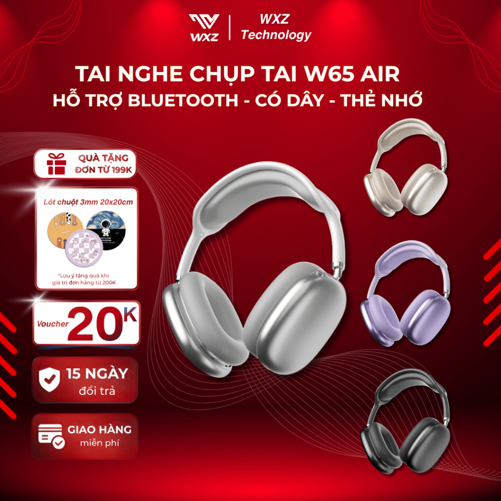 Tai Nghe Chụp Tai Không Dây W65 Airmax Chụp Tai, Tai Nghe Bluetooth Ổn Định, Đeo Êm, 2 Kiểu Kết Nối