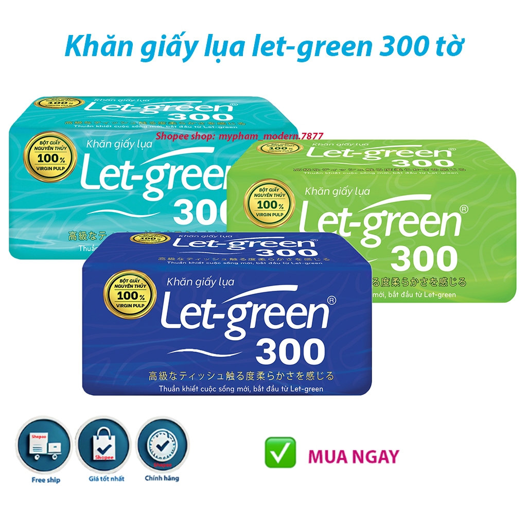 Giấy ăn, giấy vệ sinh lụa LET GREEN-300 Tờ/Bao rút kéo, dày dặn, dai mềm, thấm hút nhanh