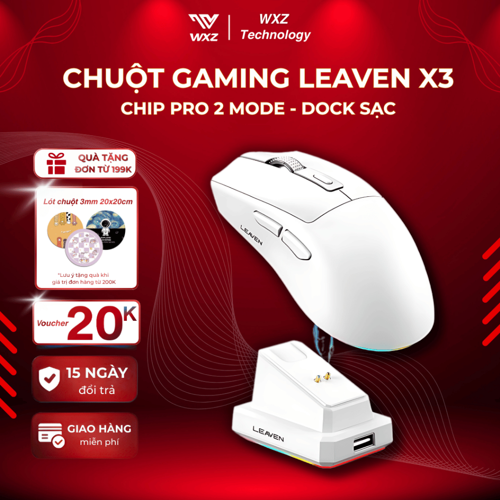 Chuột Gaming LEAVEN X3 Chip Pro, Chuột Không Dây Có Dock Sạc, 3 Mức DPI, Led RGB