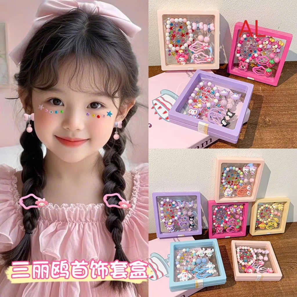 Hộp vòng bông tai kẹp tóc hình dán sticker hoạt hình sanrio xinh xắn dễ thương cho bé-quà tặng