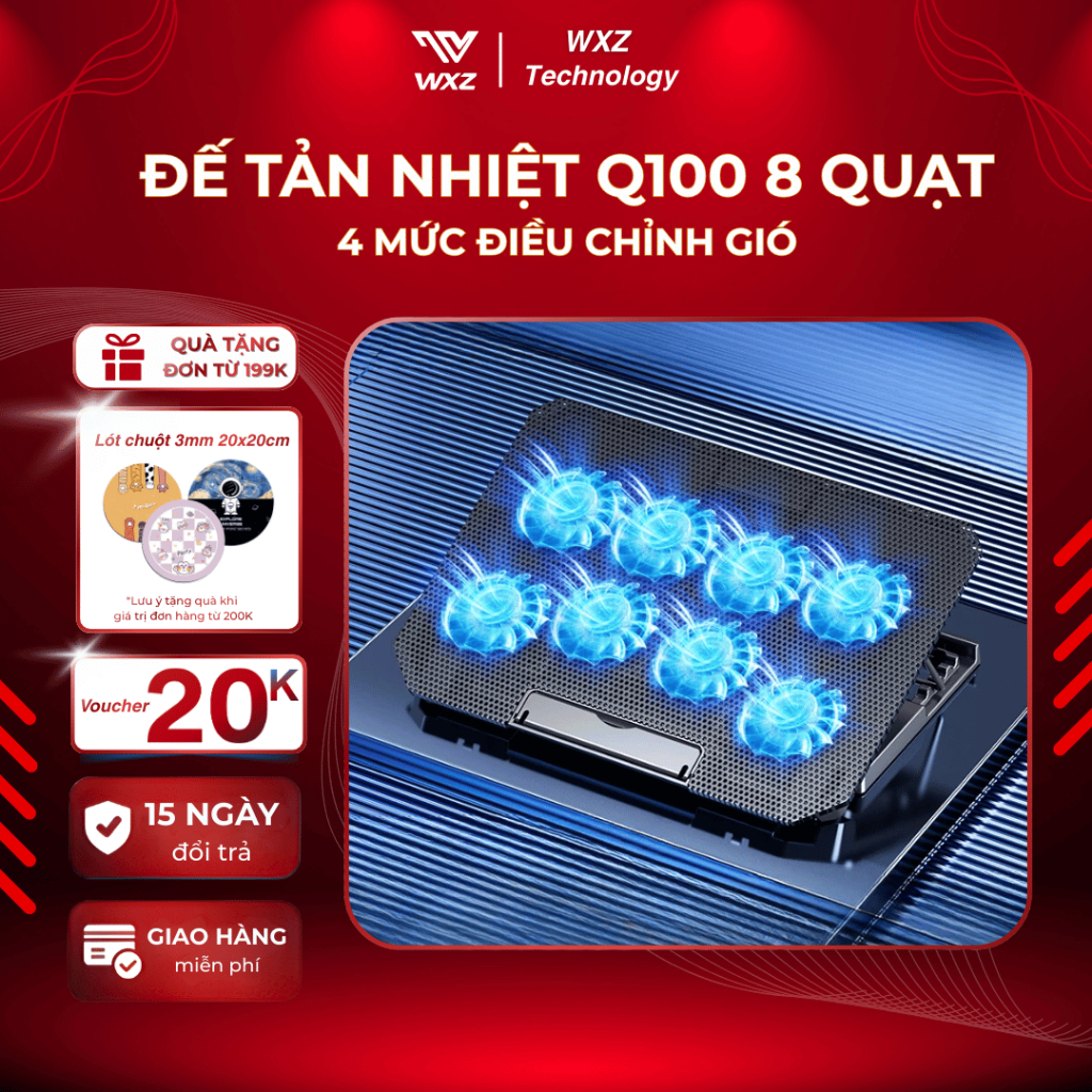 Đế Tản Nhiệt Laptop Máy Tính Bảng Mcbook Q100 8 Quạt Lớn, 4 Mức Độ Cao, Hỗ Trợ Laptop 12-17 Inch