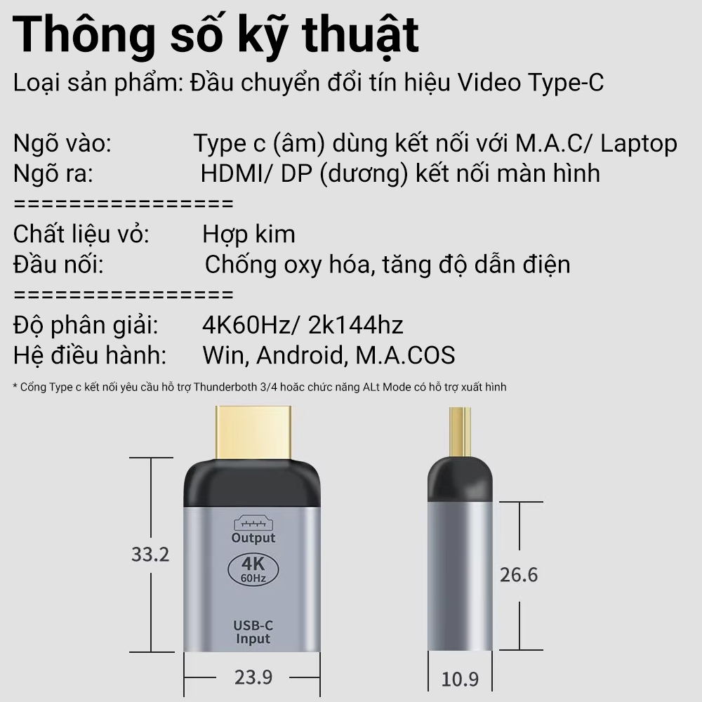 Đầu chuyển Type c ra màn hình HDMI/ Displayport hỗ trợ 4k60hz dùng cho M.A.C, laptop - HPS CTY023 | BigBuy360 - bigbuy360.vn