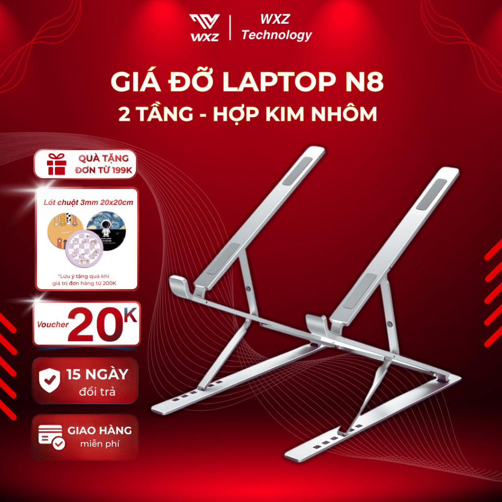 Giá Đỡ Laptop Hợp Kim Nhôm N8 2 Tầng, Kệ Để Laptop 7 - 8 Mức Điều Chỉnh, Chống Trượt Tản Nhiệt