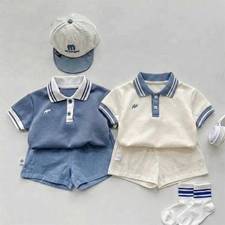 Quần áo bé trai, set bộ áo polo cộc tay thêu hình lá kèm quần short đùi cho bé 8-20kg