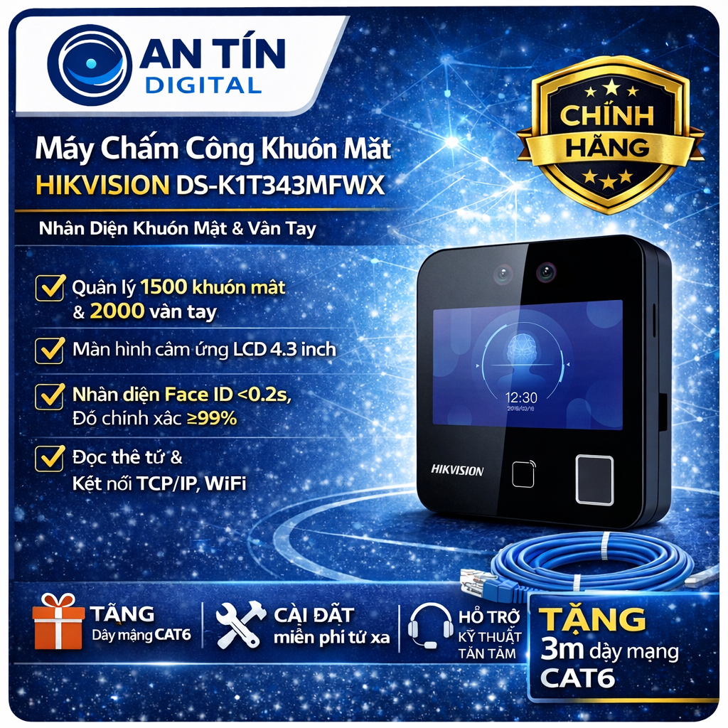 Máy Chấm Công Khuôn Mặt & Vân Tay Hikvision DS-K1T343MFWX | Face ID | Chấm Công + Kiểm Soát Cửa | Mà