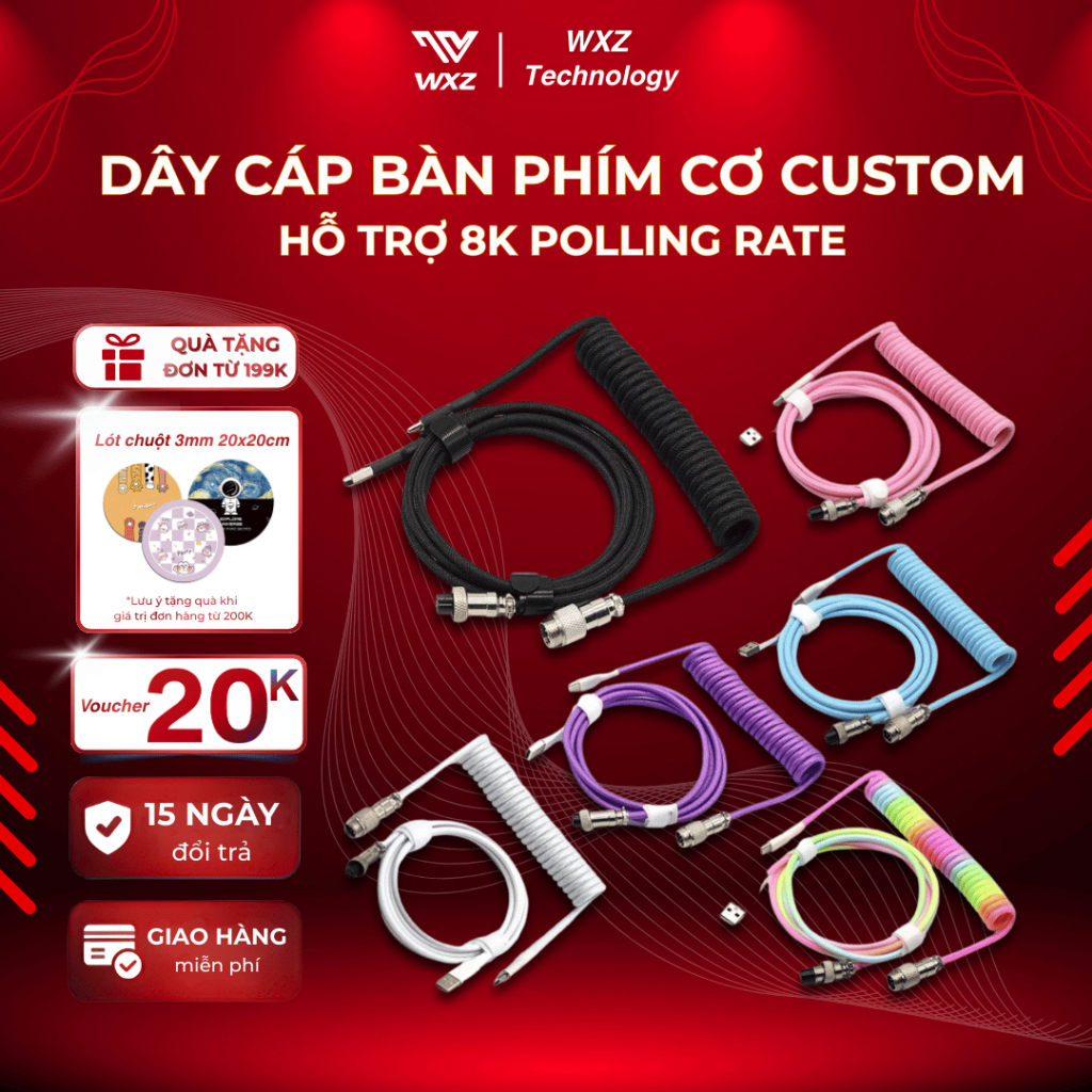 Dây Cáp Bàn Phím Cơ Custom Type-C Xoắn Lò Xo Hỗ Trợ 8K Polling Rate, Trục GX-12 USB A to Type-C