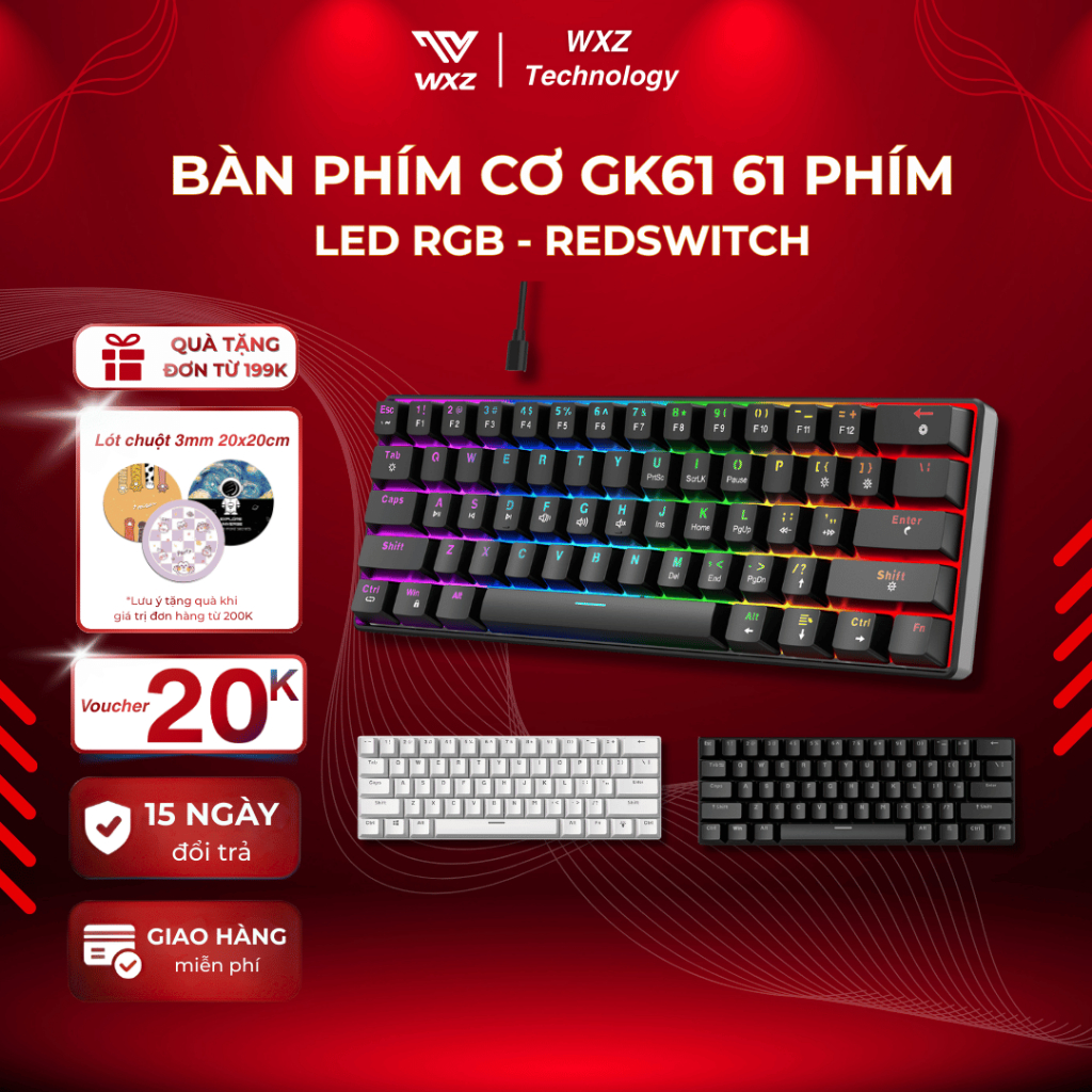 Bàn Phím Cơ G61 1 Mode Có Dây Type-C, 61 Phím Red Switch, Bàn Phím Gaming LED RGB, Gõ Êm, Nhỏ Gọn | BigBuy360 - bigbuy360.vn