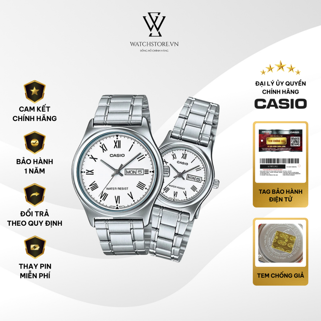 Đồng Hồ Đôi Casio V006D-7BUDF Màu Trắng Dây Kim Loại Không Gỉ Mặt Kính Khoáng Chống Nước Chính Hãng