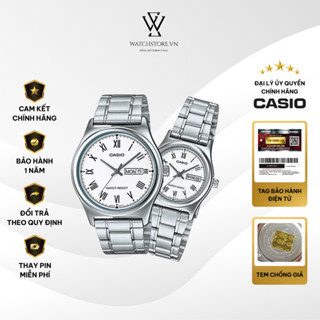 Đồng Hồ Đôi Casio V006D-7BUDF Màu Trắng Dây Kim Loại Không Gỉ Mặt Kính Khoáng Chống Nước Chính Hãng