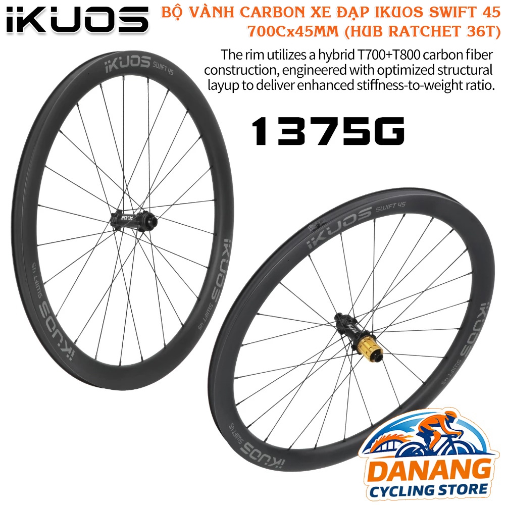 Bộ Vành Carbon Xe Đạp Road IKUOS SWIFT 45 700Cx45mm – Wheelset Carbon, Hub Ratchet 36T, Phanh Đĩa Thả