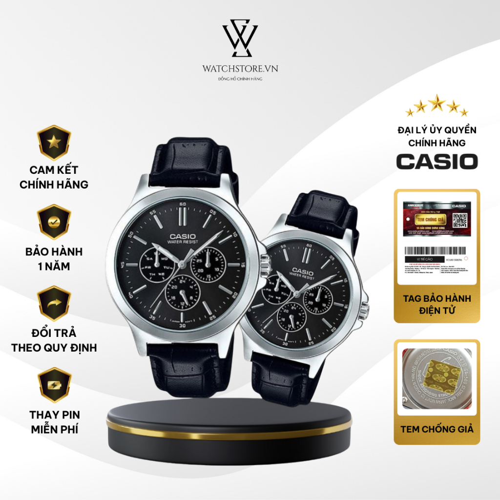 Đồng Hồ Đôi Casio V300L-1AUDF Màu Đen Dây Da Mặt Kính Khoáng Chống Nước Chính Hãng