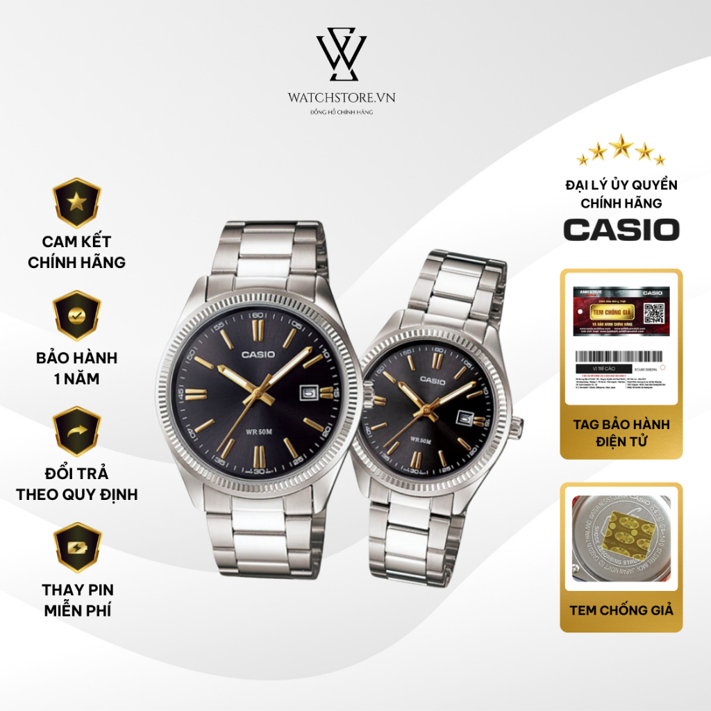 Đồng Hồ Đôi Casio 1302D-1A2VDF Màu Đen Kim Vàng Dây Kim Loại Mặt Kính Khoáng Chống Nước Chính Hãng