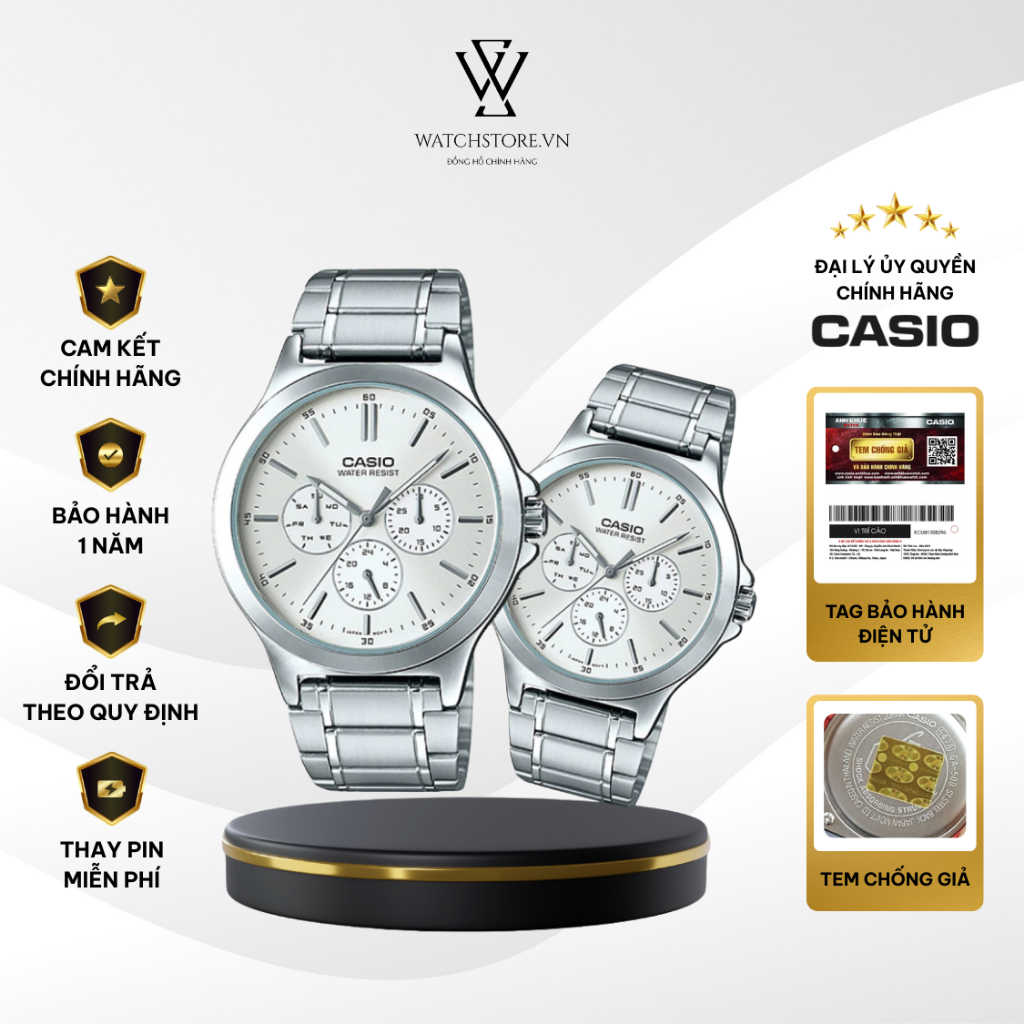 Đồng Hồ Đôi Casio V300D-7AUDF Màu Trắng Dây Kim Loại Không Gỉ Mặt Kính Khoáng Chống Nước Chính Hãng