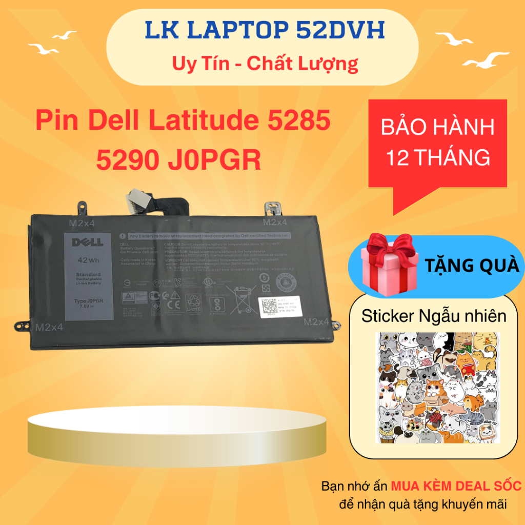 Pin Laptop Dell 5285 J0PGR 42WH ZIN Latitude 12 5285 5290, J0PGR 1WND8 New 100%