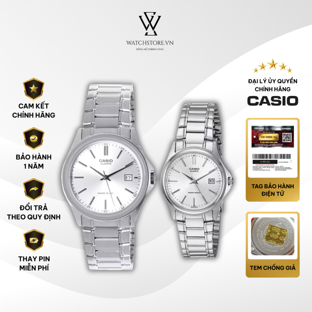 Đồng Hồ Đôi 1183A-7ADF Màu Trắng Mặt Kính Khoáng Dây Kim Loại Không Gỉ Chống Nước Chính Hãng