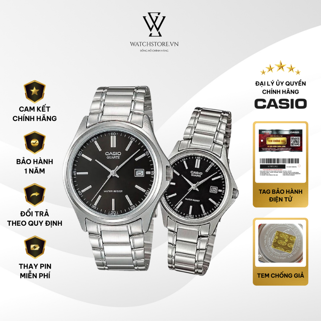 Đồng Hồ Đôi 1183A-1ADF Màu Đen Mặt Kính Khoáng Dây Kim Loại Không Gỉ Chống Nước Chính Hãng