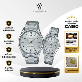 Đồng Hồ Đôi Casio V005D-7BUDF Màu Trắng Dây Kim Loại Không Gỉ Mặt Kính Khoáng Chống Nước Chính Hãng