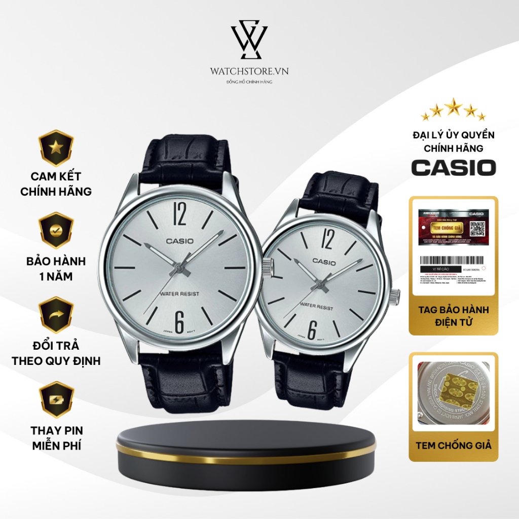 Đồng Hồ Đôi Casio V005L-7BUDF Màu Trắng Dây Da Mặt Kính Khoáng Chống Nước Chính Hãng