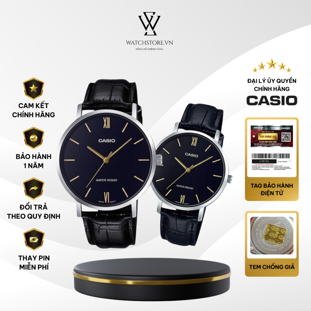 Đồng Hồ Đôi Casio VT01L-1BUDF Màu Đen Dây Da Mặt Kính Khoáng Chống Nước Chính Hãng