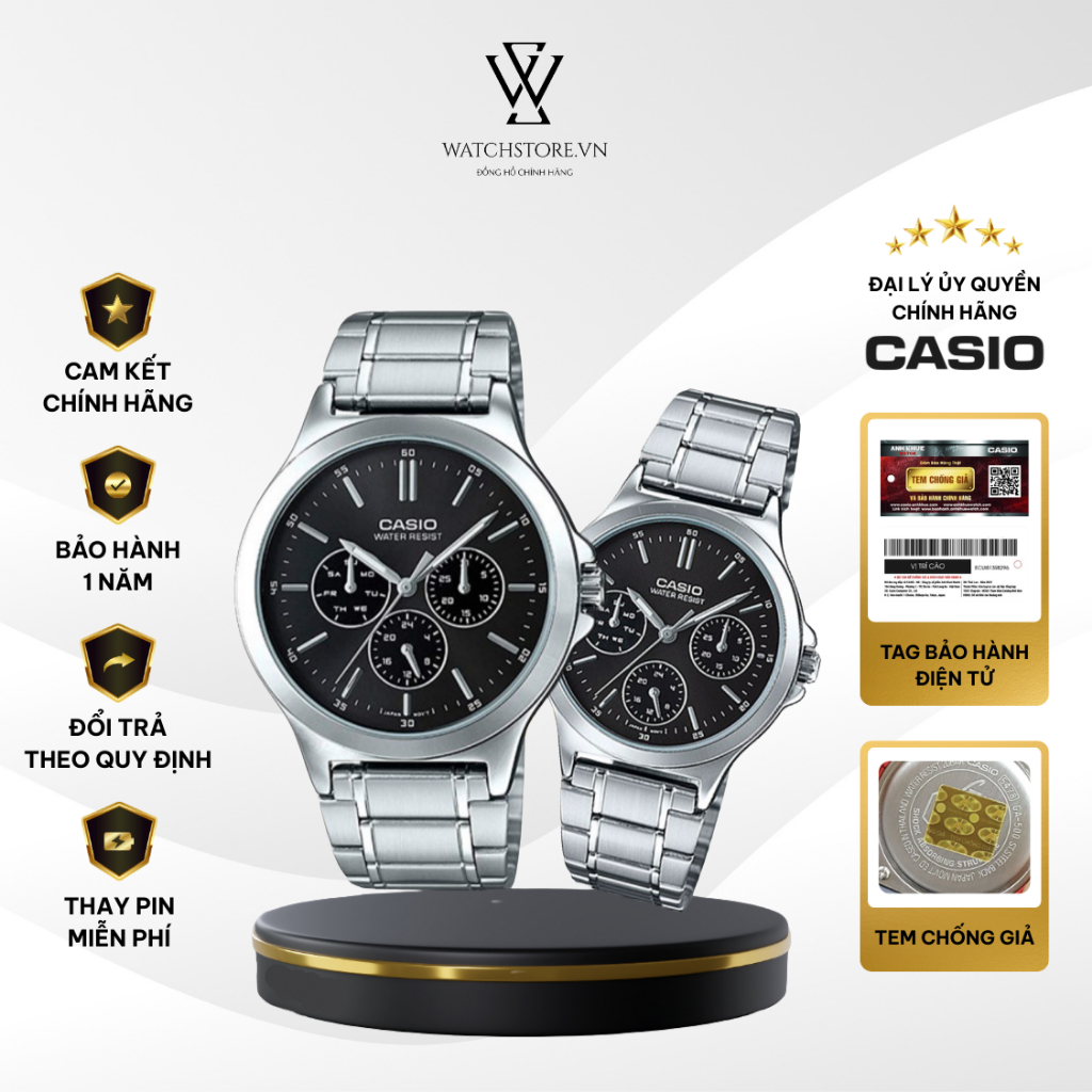 Đồng Hồ Đôi Casio V300D-1AUDF Màu Đen Dây Kim Loại Mặt Kính Khoáng Chống Nước Chính Hãng