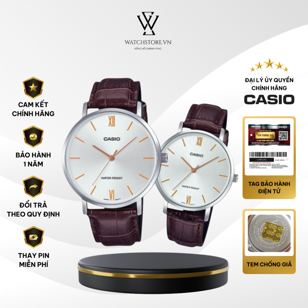 Đồng Hồ Đôi Casio VT01L-7B2UDF Màu Trắng Kim Vàng Dây Kim Loại Mặt Kính Khoáng Chống Nước Chính Hãng