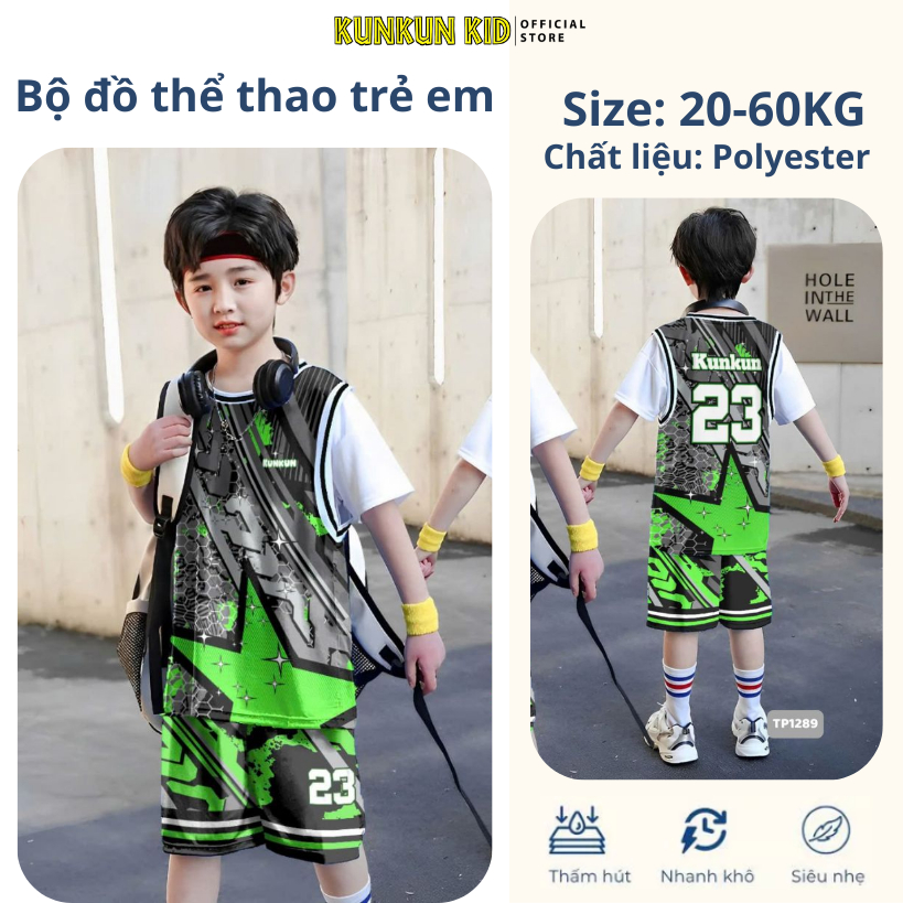 Set đồ bóng rổ thể thao bé trai 19 - 60kg. Quần áo ba lỗ bé trai, đá bóng, mặc nhà, đi chơi chuẩn fo