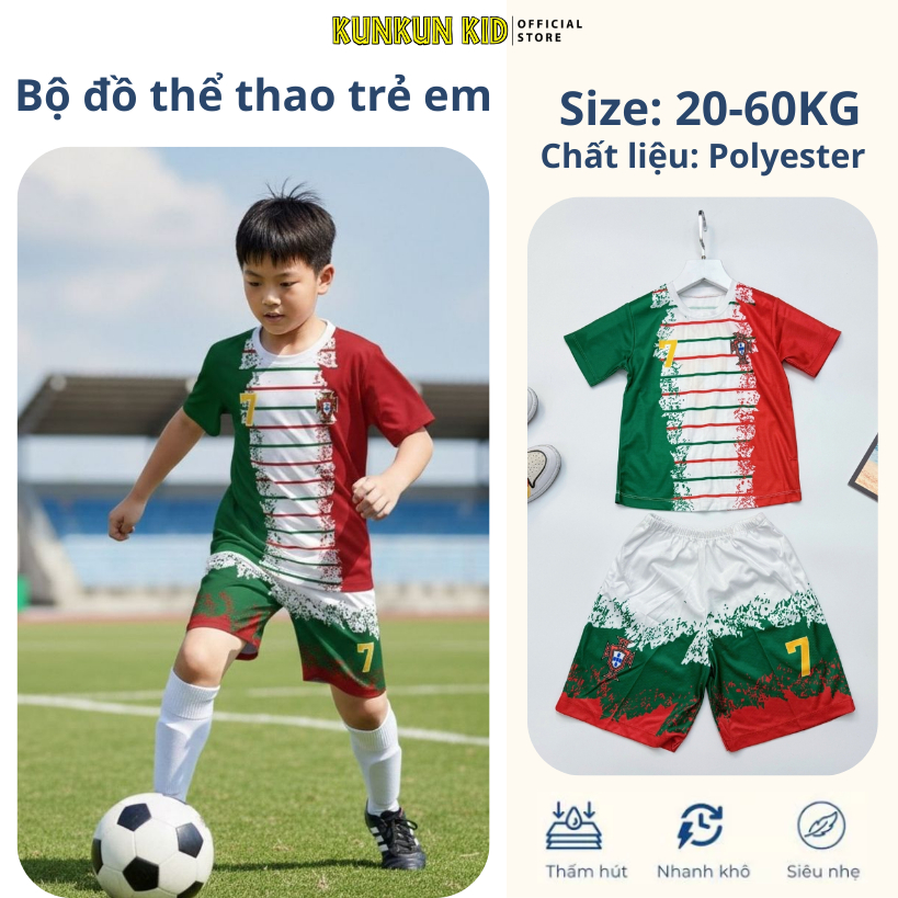 Đồ bộ thể thao bé trai in 3D Cầu Thủ số 07 Ronaldo màu xanh lá đỏ - Đá banhTP1293 - Kunkun Kids