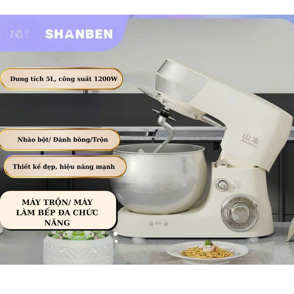Máy nhào bột tự động SHANBEN 5L - Máy nhồi, nhào, đánh trứng làm kem - Dung Tích lớn - Công suất 1200W