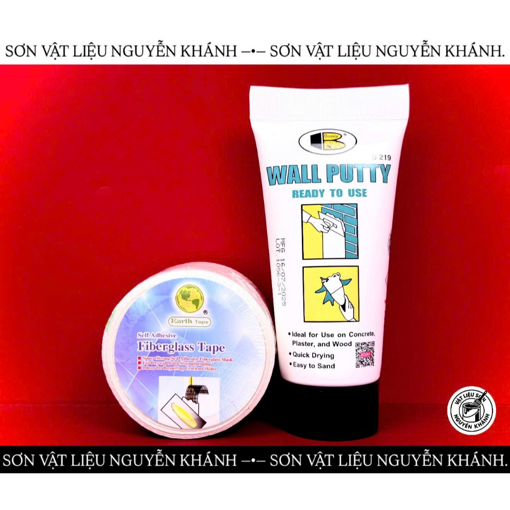 🧱 Combo Keo Trét Tường Bosny Wall Putty B219 + Băng Keo Lưới Fiberglass Tape – Vá Lỗ, Sửa Nứt Tường 
