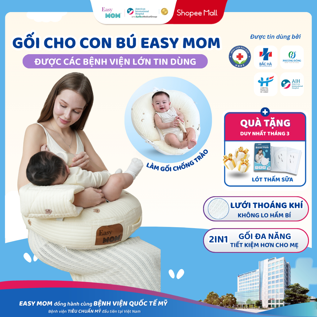 Gối cho con bú đa năng Easy MOM kết hợp gối nằm cho bé ăn dặm cao cấp giúp mẹ thoải mái đỡ nhức mỏi cơ thể