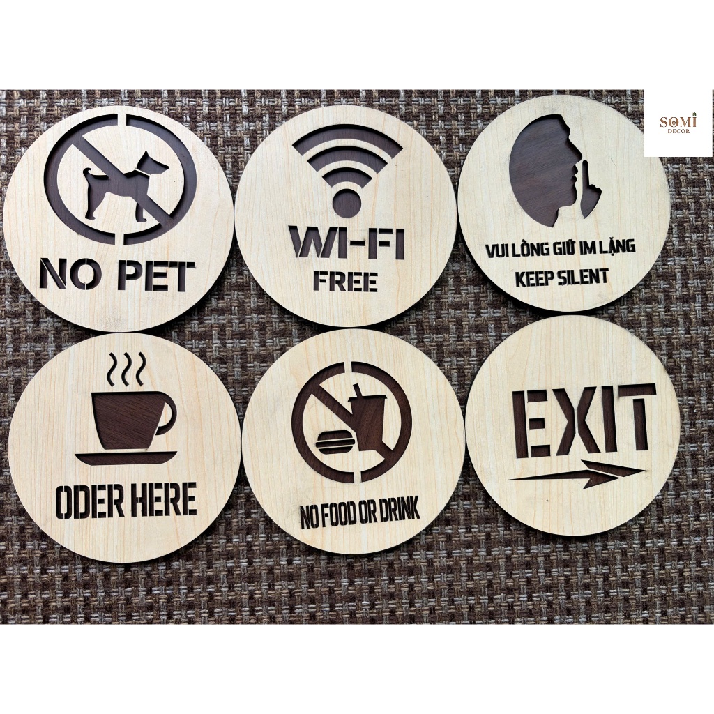 Bộ Biển Gỗ Decor Quán Cafe (Free Wifi, Keep Silent, Lối Ra, NO PET,  Oder Here)