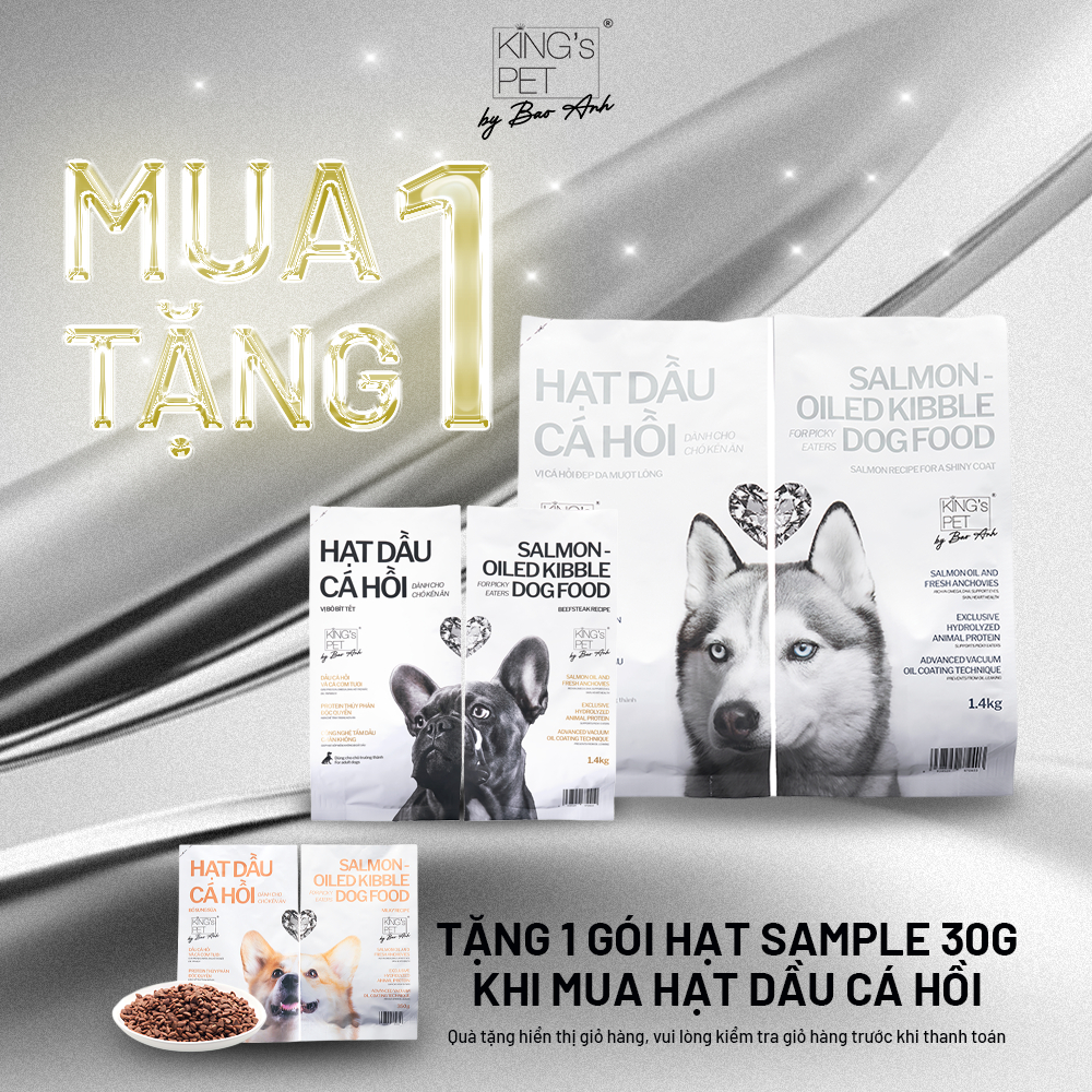 Thức Ăn Hạt Dầu Cá Hồi Cho Chó Kén Ăn/Trưởng Thành King's Pet By Bao Anh 350g, 1.4kg - Bổ Sung Omega 3 Tăng Sức Đề Kháng