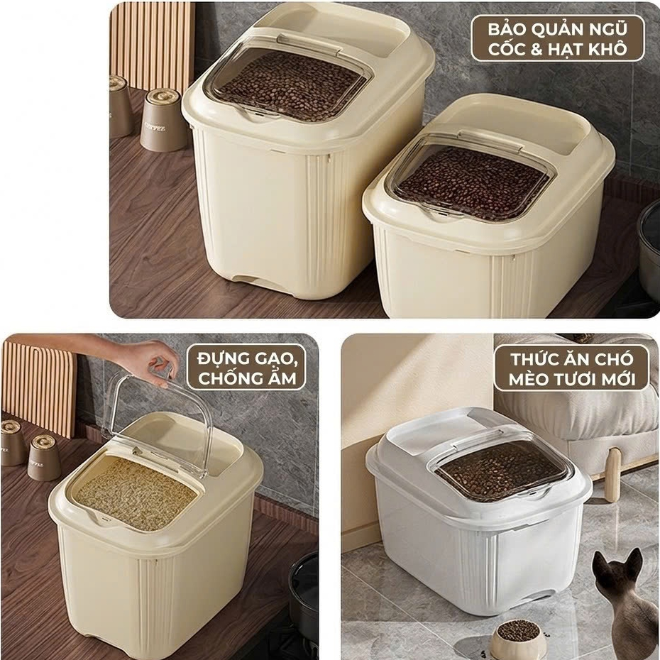 Hộp đựng gạo có nắp đậy chống bụi chống ẩm màu vàng trắng loại 5kg và 10kg (kèm ca đong)