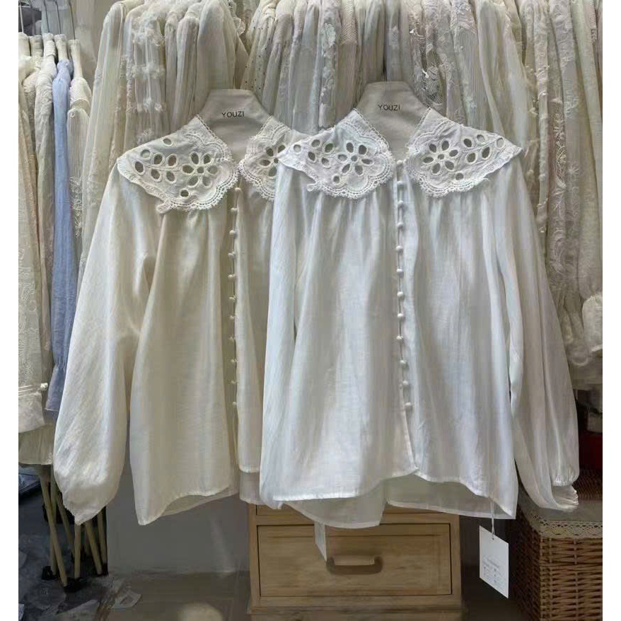 A1664-Áo sơ mi phối ren cúc bọc