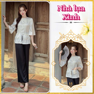 LAM09- Bộ lam pháp phục túi tiền lụa gấm 2 da phối quần lụa Ngọc trai chất siêu đẹp hàng cao cấp