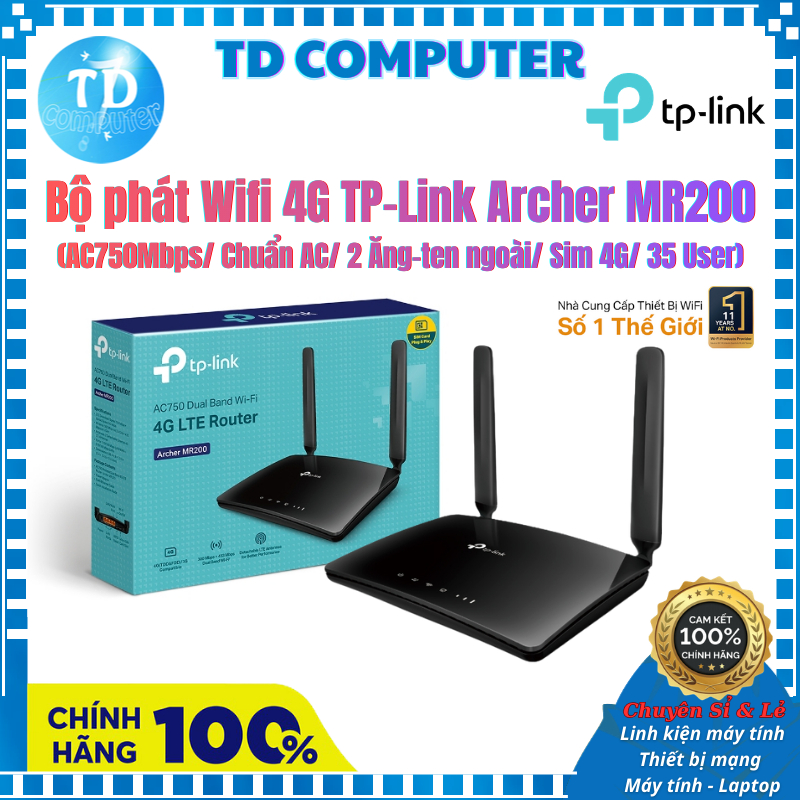 Bộ phát wifi 4G TP-Link Archer MR200 (AC750Mbps/ Chuẩn AC/ 2 Ăng-ten ngoài/ Sim 4G/ 35 User) - Hàng 