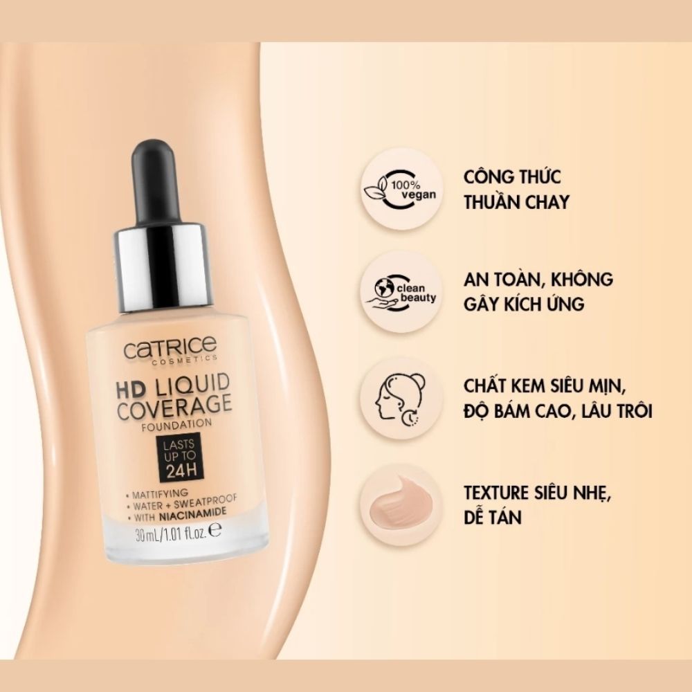 Ảnh 2 của Kem nền Catrice HD Liquid Coverage Foundation che phủ tự nhiên tạo độ mịn màng cho da