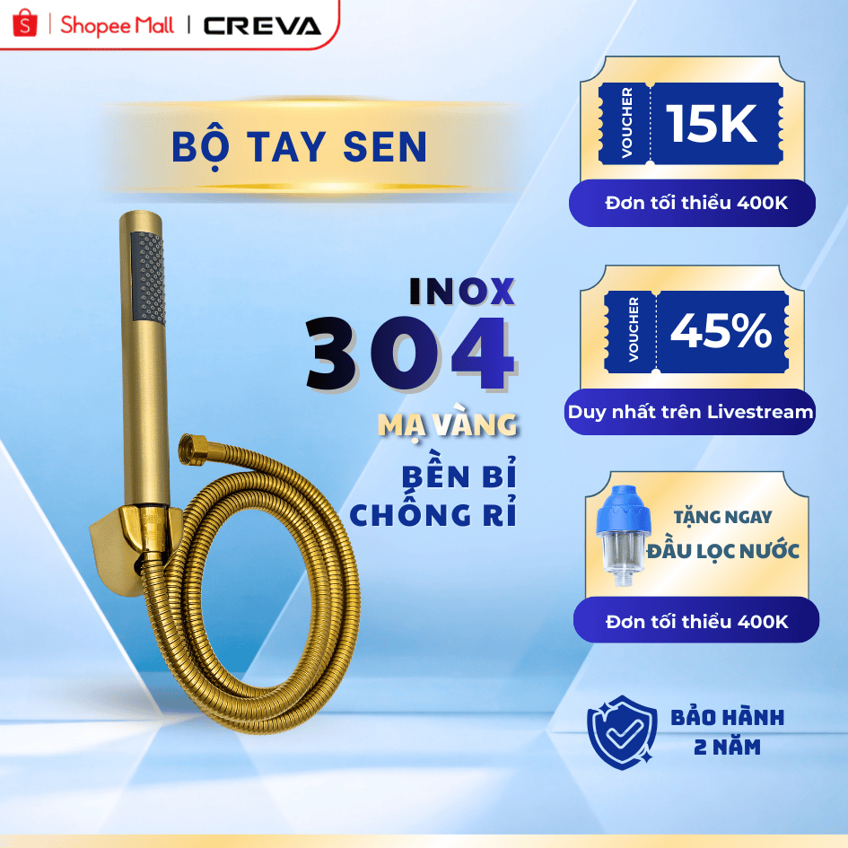 Bộ Tay Sen Inox 304 Mạ Vàng Creva |TS-47V| Lỗ Thoát Nước Silicon Lọc Cặn, Phối Dây Sen & Cài Cao Cấp