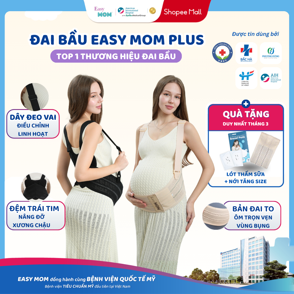 Đai Nâng Đỡ Bụng Bầu Easy MOM PLUS Chất Siêu Mềm Co Giãn 4 Chiều Hỗ Trợ Đi Lại, Giảm Đau Lưng Rạn Bụng Bảo Vệ Cột Sống