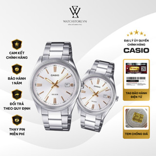 Đồng Hồ Đôi Casio 1302D-7A2VDF Màu Trắng Dây Kim Loại Không Gỉ Mặt Kính Khoáng Chống Nước Chính Hãng