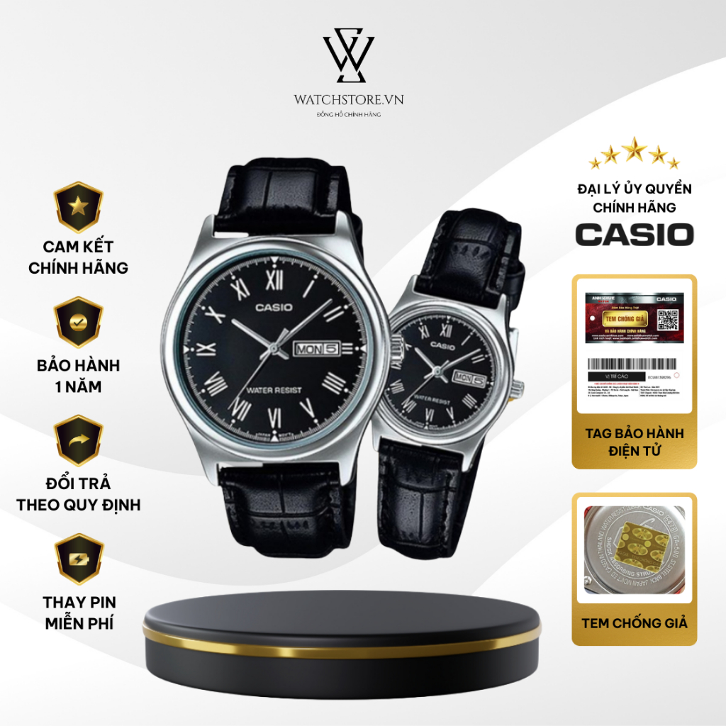 Đồng Hồ Đôi Casio V006L-1BUDF Màu Đen Dây Da Mặt Kính Khoáng Chống Nước Chính Hãng