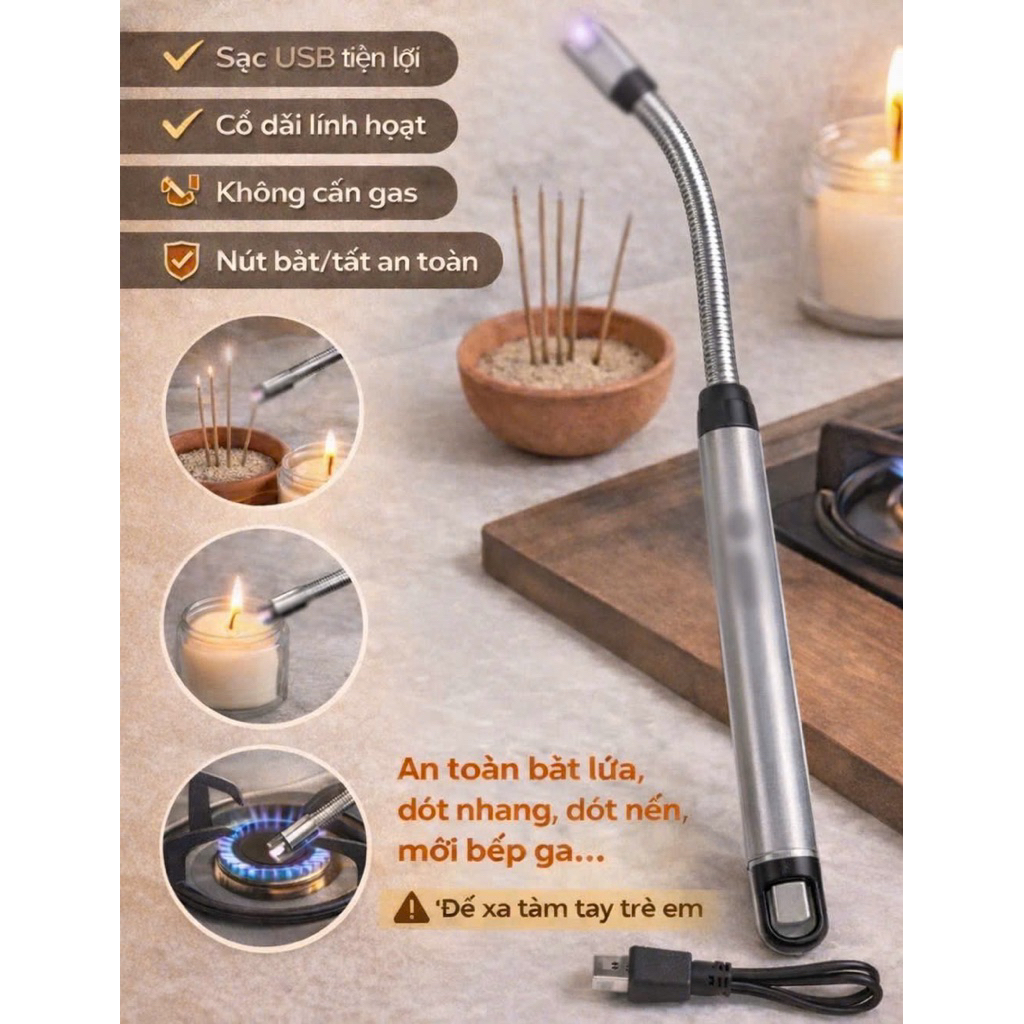 Cây Mồi Bếp Ga Siêu Nhỏ Gọn An Toàn Tiện Lợi kícḣ Thước 265x15mm Đèn LED Thông Minh Sạc USB 360.