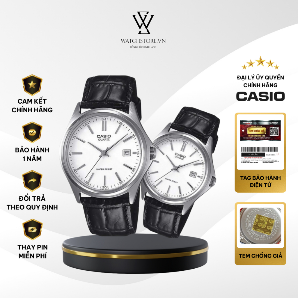 Đồng Hồ Đôi 1183E-7ADF Màu Trắng Dây Da Mặt Kính Khoáng Chống Nước Chính Hãng