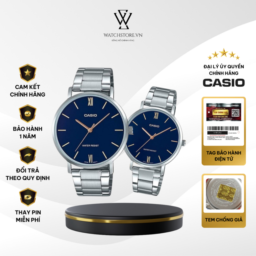 Đồng Hồ Đôi Casio VT01D-2BUDF Màu Xanh Kim Vàng Dây Kim Loại Mặt Kính Khoáng Chống Nước Chính Hãng