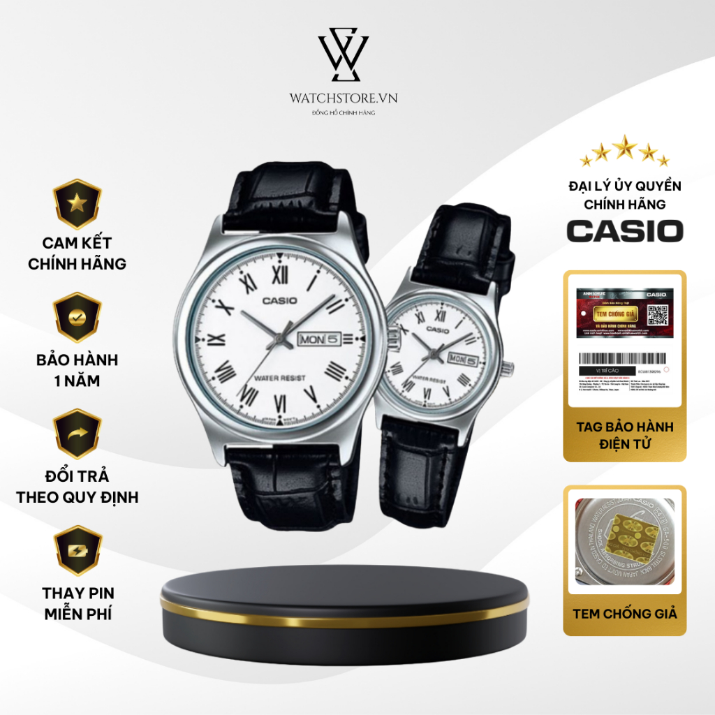 Đồng Hồ Đôi Casio V006L-7BUDF Màu Trắng Dây Da Mặt Kính Khoáng Chống Nước Chính Hãng