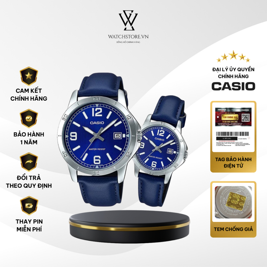 Đồng Hồ Đôi V004L-2BUDF Màu Xanh Dây Da Mặt Kính Khoáng Chống Nước Chính Hãng