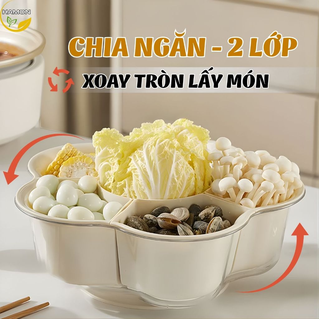 Rổ Đựng Rau Lẩu HAMON, Khay Đựng Đồ Lẩu Chia Ngăn Đế Xoay 360 Độ Hình Hoa Đẹp Mắt, Khay Bánh Kẹo Tiệ