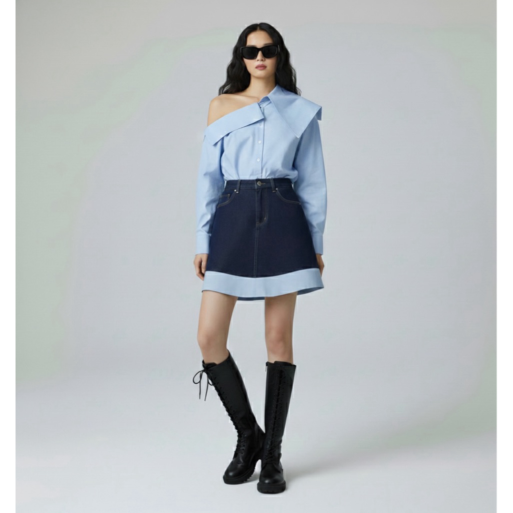 Kamila Set - áo sơ mi kiểu lệch vai chân váy A phối màu cá tính